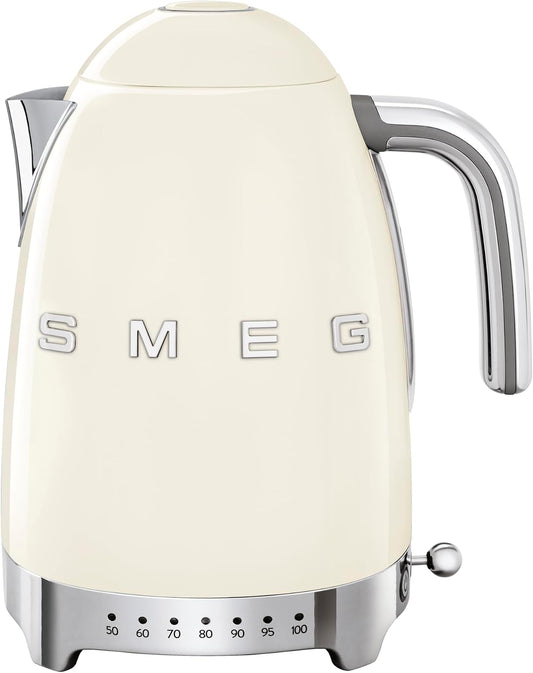 SMEG Variable Temperature Electric Kettle 1.7L (7 Cup), Stainless Steel Tea & Coffee Kettle, Fast Boil, Adjustable Temp 122°F–212°F, Keep Warm, Auto Shut-Off, 360° Base, Retro Style-Cream