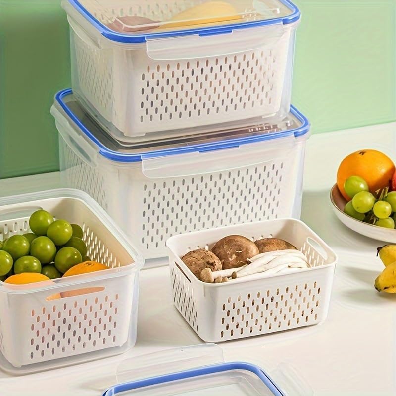 3-Pack Fresh Fruit Storage Containers for Fridge with Strainer & Drain Lid | Produce Keeper with Removable Colander, BPA-Free Plastic Crisper for Berries Vegetables Nuts, Fresh