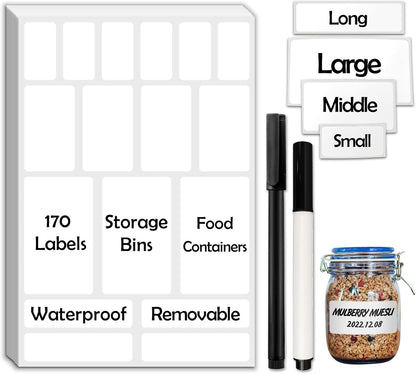 JIEHENG 170Pcs White Removable Labels for Jars with 2 Liquid Chalk Marker | Easy peel off,Self Adhesion Labels stickers for Storage Bins,Food Containers