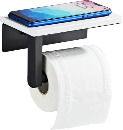 Brushed Nickel Toilet Paper Holder with Marble-Look Shelf, Wall Mounted SUS304 Stainless Steel Toilet Roll Holder with Phone Storage