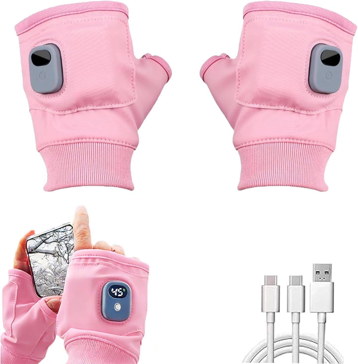 Rechargeable Heated Gloves for Women, Portable Heating Gloves with Digital Display, Upgraded Smart Thermostatic Electric Heated Fingerless Glove, Hand Warmer for Outdoor Work, Cycling, Skiing(Pink)