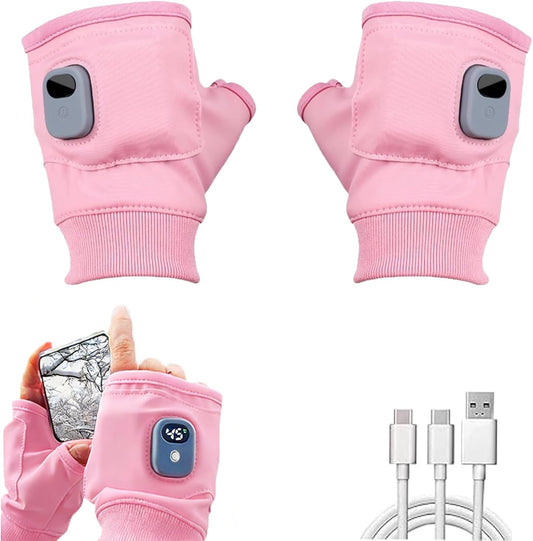 Rechargeable Heated Gloves for Women, Portable Heating Gloves with Digital Display, Upgraded Smart Thermostatic Electric Heated Fingerless Glove, Hand Warmer for Outdoor Work, Cycling, Skiing(Pink)