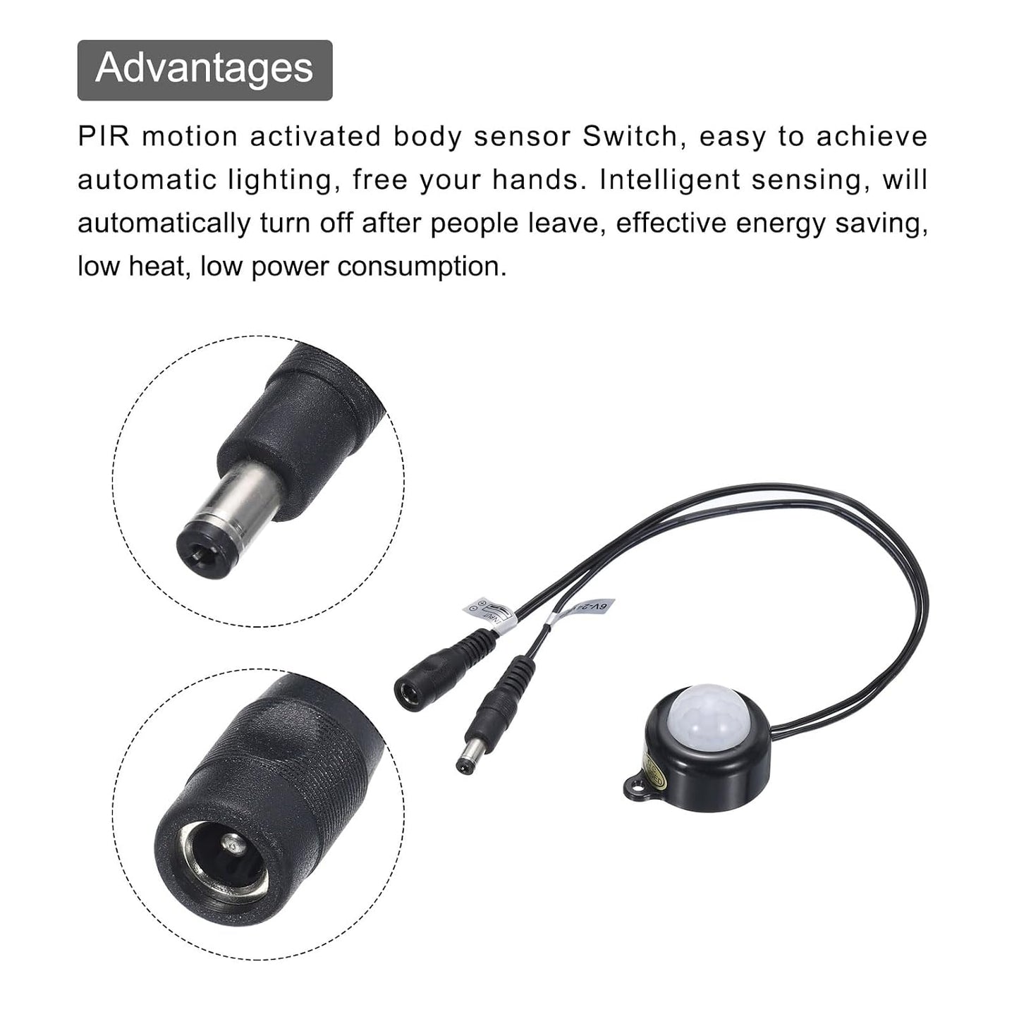 MECCANIXITY DC 6V-24V 5A PIR Motion Activated Sensor Switch with DC Coupler Cable for Kitchen Cabinet LED Strip Light, with Light Sensor Black