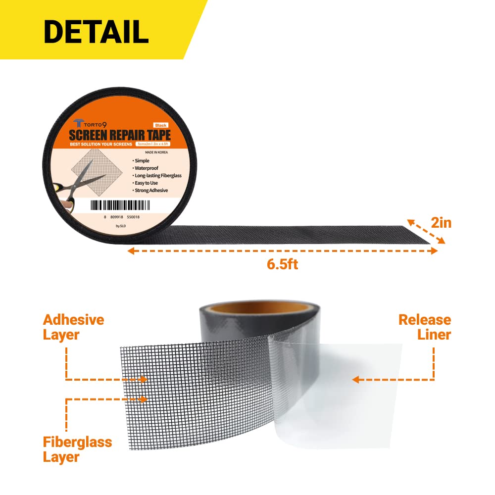 TORTO9 Window Screen Repair Kit, 3-Layer Strong Adhesive & Waterproof Tape Fiberglass Covering mesh (Gray, 2 Inch x 6.5 FT)