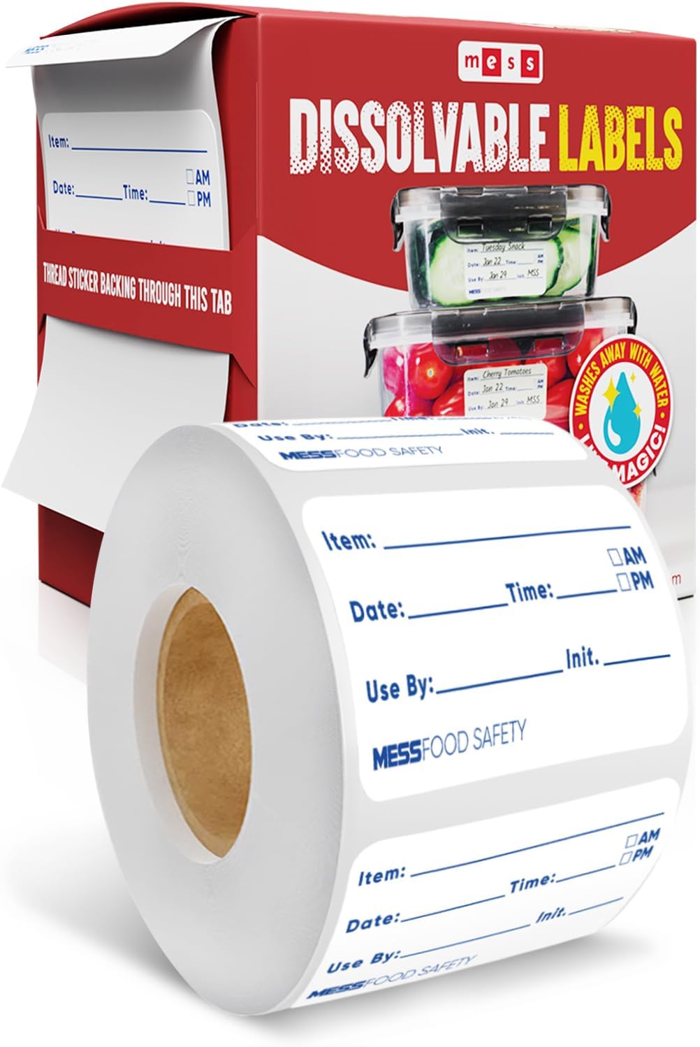 MESS Dissolvable Food Labels, Blank, 1x2 500/Roll - Dissolves in 30 Seconds or Less - Removable Pantry, Meal Prep & Food Storage Labels - Canning & Freezer Use