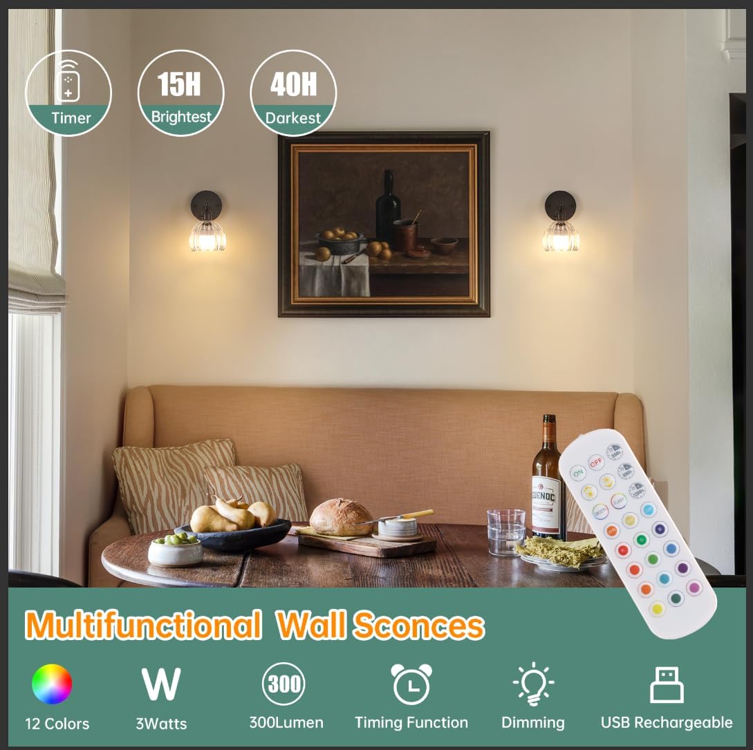 Shenmoyl Vintage Battery Operated Wall Sconce with Green Tulip Glass Lampshade Rechargeable Battery Powered Wall Light with Remote Control for Bedside Bedroom Doorway