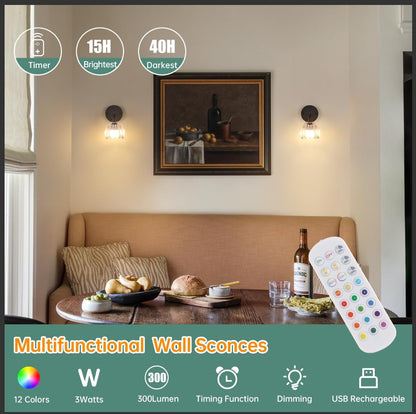 Shenmoyl Vintage Battery Operated Wall Sconce with Green Tulip Glass Lampshade Rechargeable Battery Powered Wall Light with Remote Control for Bedside Bedroom Doorway