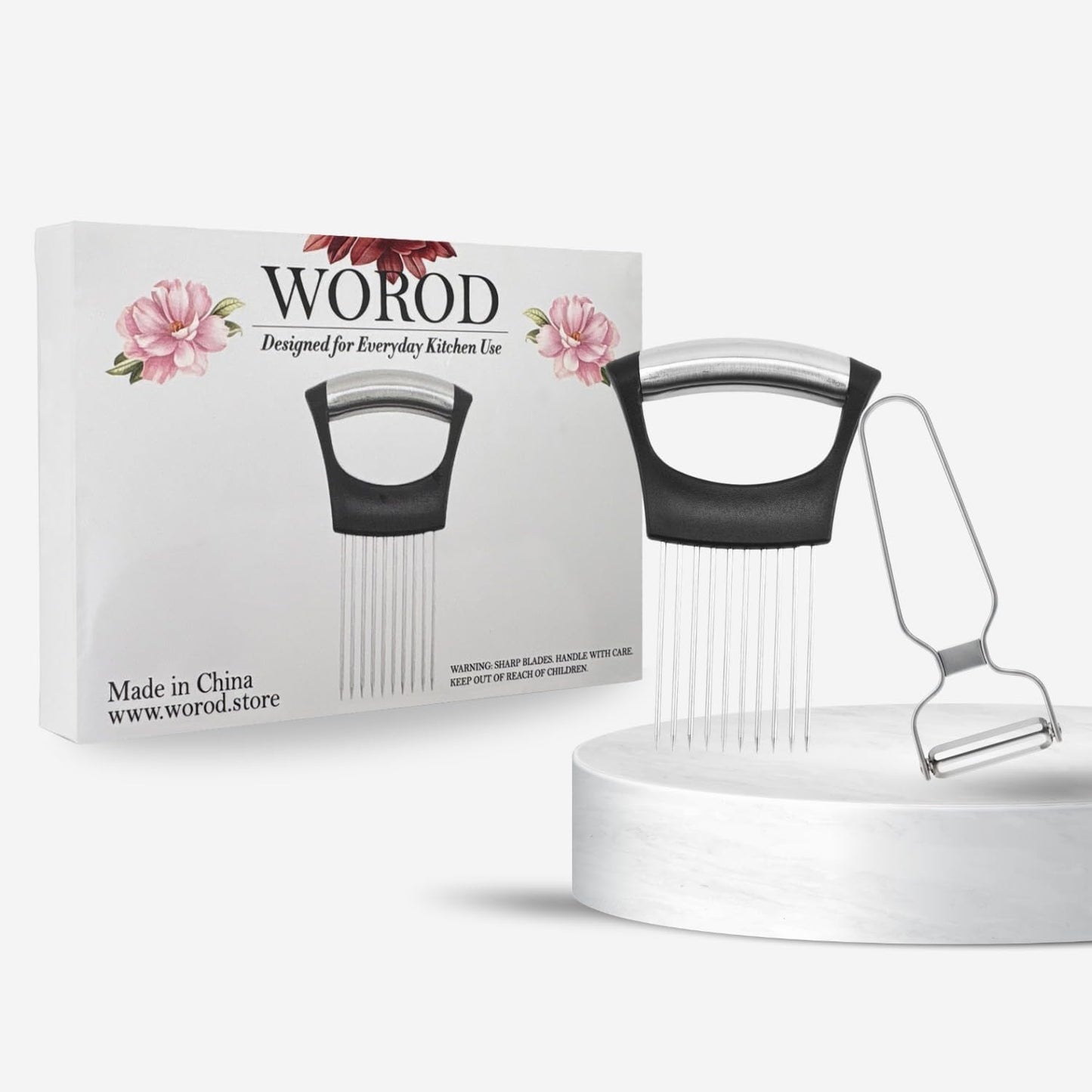 Onion Holder for Slicing, Stainless Steel Onion Cutting Guide with Finger Protector – Vegetable Prep Tool with Bonus Peeler for Safe, Even Slices