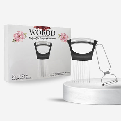 Onion Holder for Slicing, Stainless Steel Onion Cutting Guide with Finger Protector – Vegetable Prep Tool with Bonus Peeler for Safe, Even Slices
