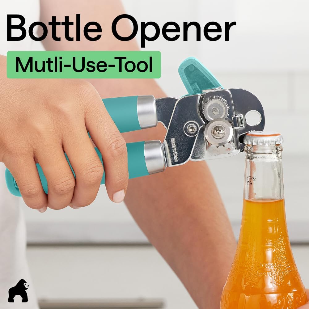 GORILLA GRIP Original Model Stainless Steel Smooth Edge Manual Can Opener and Bottle Openers, US Designed, Comfortable Handle, Oversized Handheld Turn Knob, Multifunctional Kitchen Tool, Gray