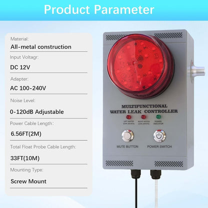 Professional Water Leak Alarm, Water Leak Detector with Dual Probes, 120dB Adjustable Audible/Visual Alarm, 33FT Cable, All-Metal Industrial for Sump Pump/Basement/Septic Tank/Well/Factory/Warehouse