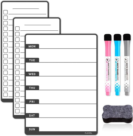 ALEZEL Weekly Calendar Whiteboard for Refrigerator, Magnetic Weekly Planner | Includes Weekly Dry Erase Board for Refrigerator & 2 Grocery/to Do List Whiteboards, 3 Markers + 1 Eraser