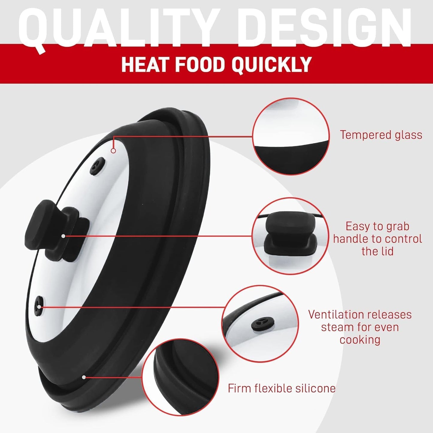 Microwave Splatter Cover Glass 11.8 Inch - Collapsible Microwave Splatter Cover for Plate & Bowl - Tempered Glass Top, Food-Grade Silicone Dome with Heating Vents & Heat-Safe Handle (BLACK)