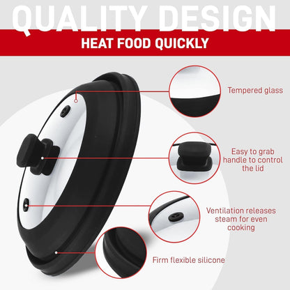 Microwave Splatter Cover Glass 11.8 Inch - Collapsible Microwave Splatter Cover for Plate & Bowl - Tempered Glass Top, Food-Grade Silicone Dome with Heating Vents & Heat-Safe Handle (BLACK)