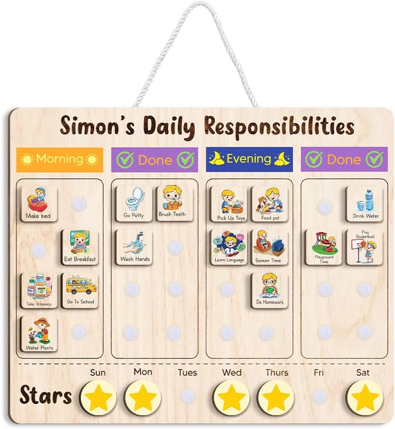Daily Routine Chart for Kids, Visual Schedule, Routine Chart for Toddlers 3-5, Morning Bedtime Routine Chart for Toddlers, Wooden Chore Chart for Kids