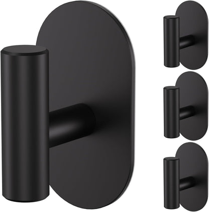 Aikzik Adhesive Towel Hooks - 4 Pack 26LB Extra Strong Heavy Duty Wall Hooks for Bathroom/Shower Door Hanging Coat, Robe, Towel, Dogs' Leads and Collars (Matte Black, Stainless Steel)