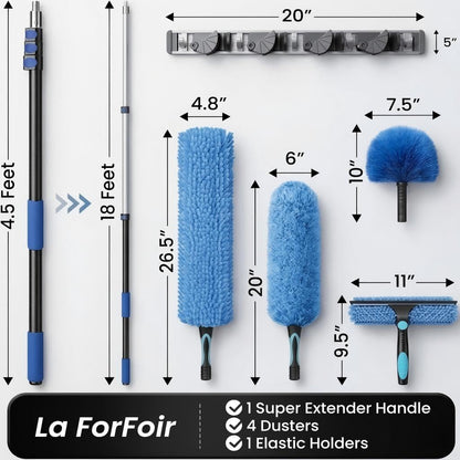 20ft High Ceiling Duster Kits with 5-12ft Heavy Duty Extension Pole - Fan Blade Cleaner, Cobweb Remover & Blue Window Squeegee Kit, Washable Dust Brush for High Roof and Glass Surfaces