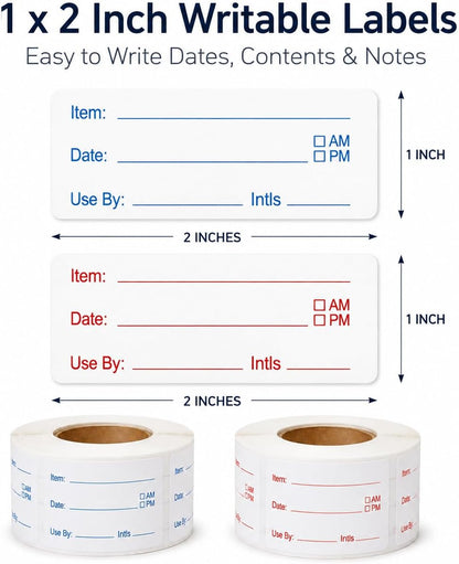 1000 Removable Food Labels, 1x2 Inch Date Stickers for Freezer & Refrigerator Containers, Writable, Self-Adhesive, Ideal for Kitchen, Meal Prep, Home & Restaurant Organization (White and Red)