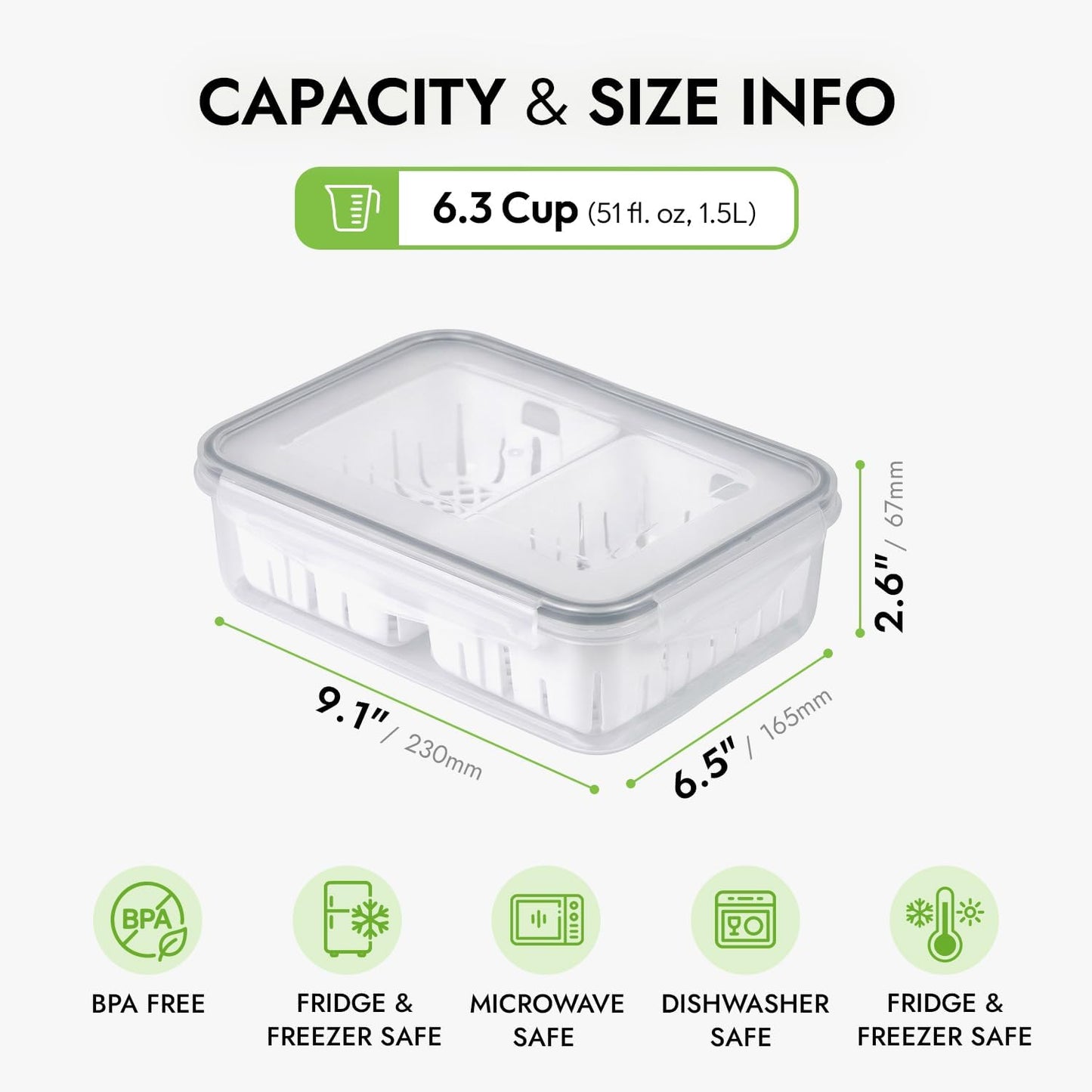 11.4 Cup Produce Saver Container for Fridge with Colander 2.7L | Airtight Fruit & Vegetable Storage Bin, Removable Strainer Basket, BPA-Free, Stackable, White Colander