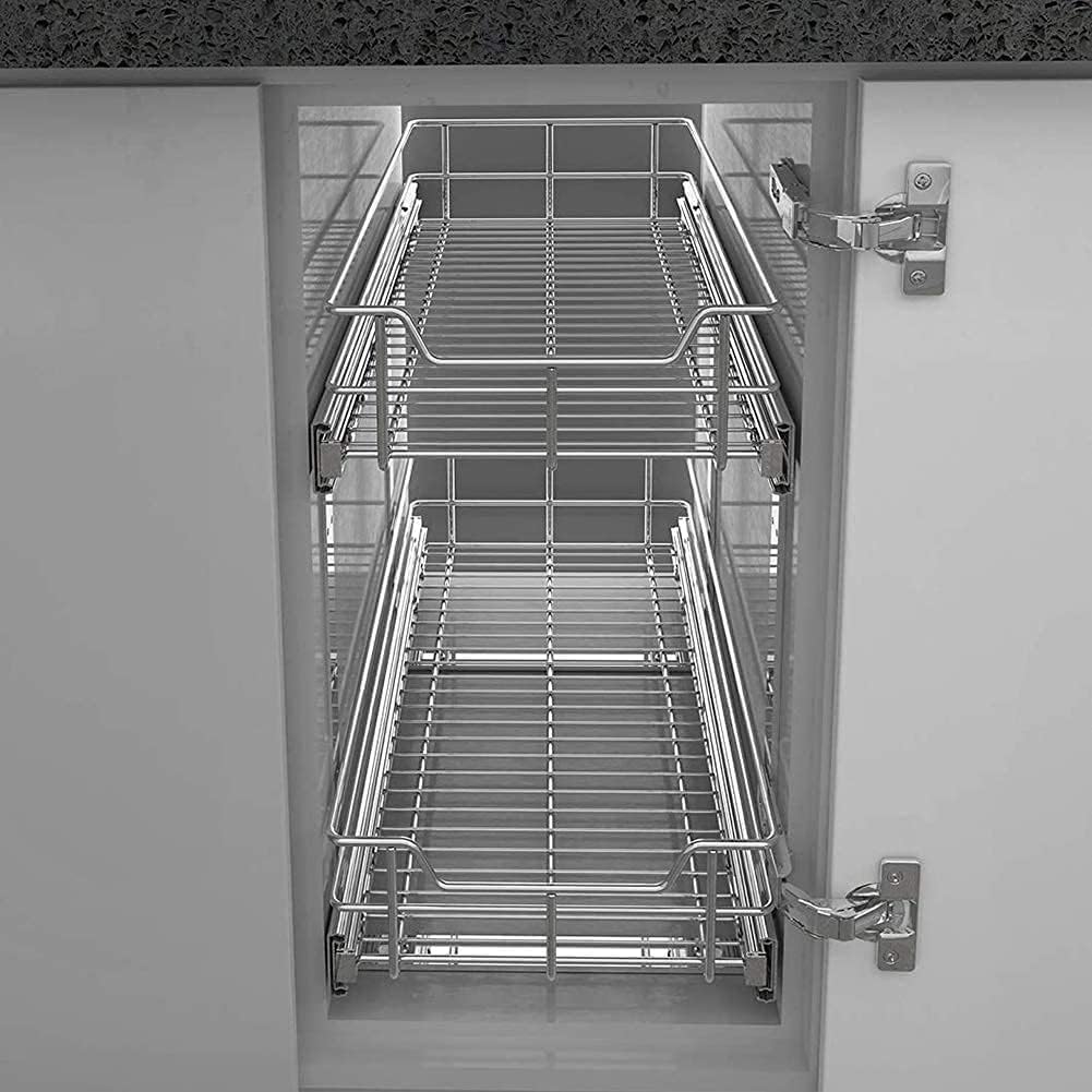 Pull Out Cabinet Organizer 15" W X 22" D, Chromed, Full Slide Out Drawers | For Kitchen Organizers and Storage, Pull Out Drawers For Cabinets Capacity Heavy Duty Caddy, Cabinet Shelves, Bathroom Pantry