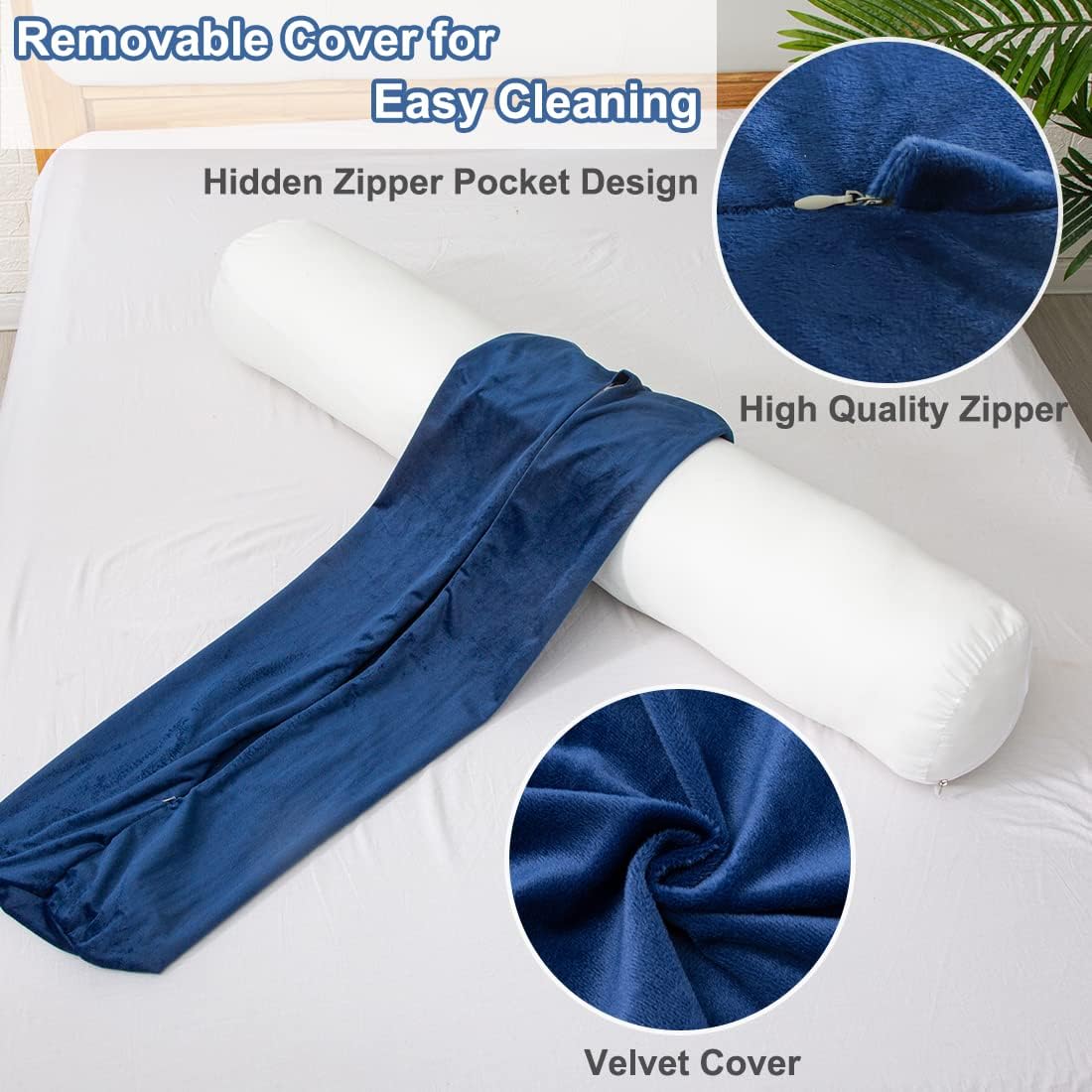 1 MIDDLE ONE Body Pillow for Adults, Bolster Pillow with Removable Velvet Cover, Long Round Cervical Roll Pillow, 35 x 7.87 Inches, Blue