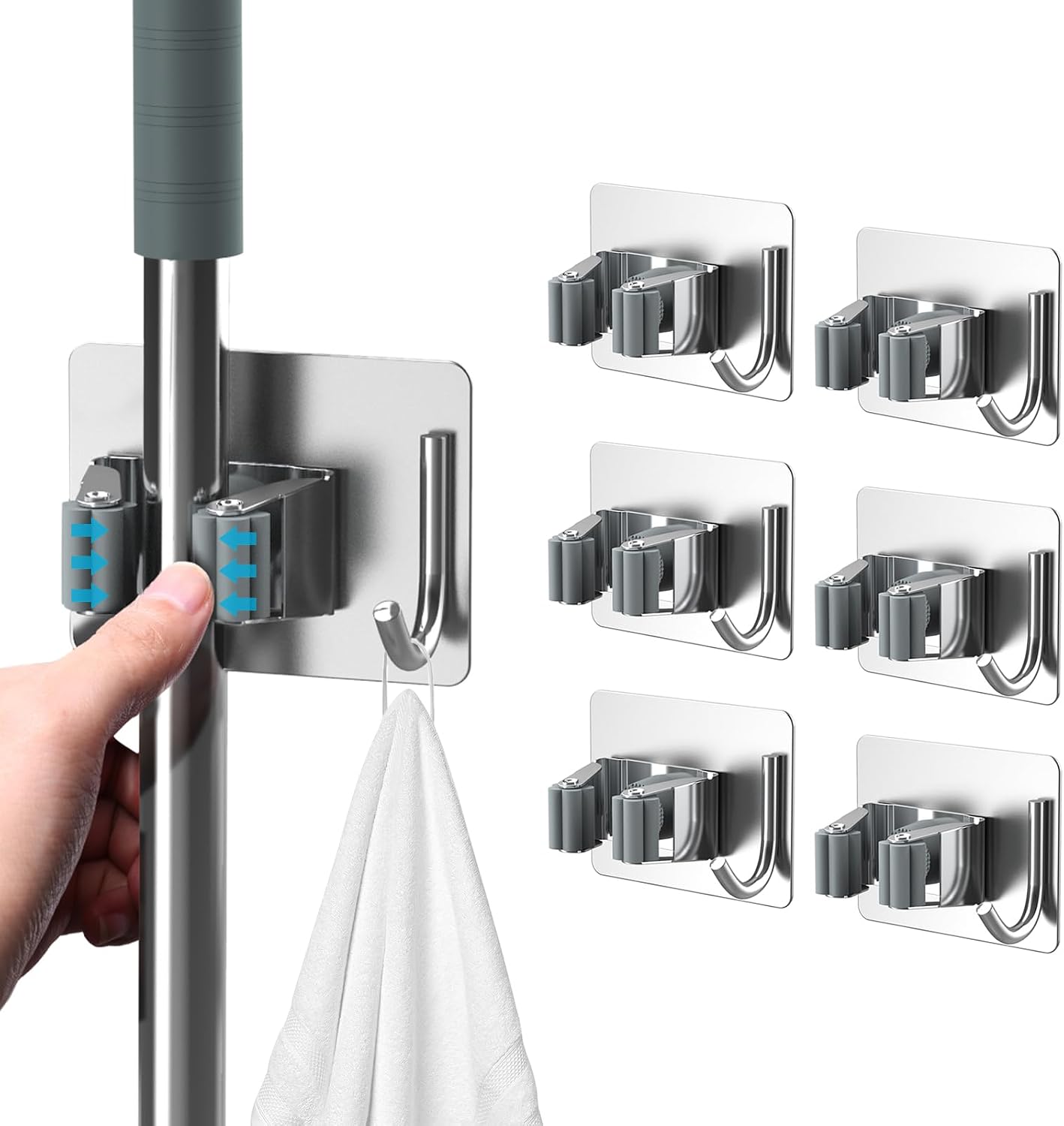 homeasy Broom Holder Wall Mount 4Pcs, Self Adhesive Mop Broom Hanger Black | Self adhesive stainless steel broom organizer with 4 hooks, holds mops, brooms and garden tools without drilling