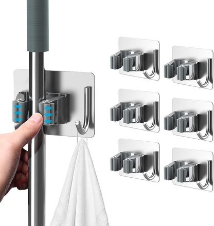 homeasy Broom Holder Wall Mount 4Pcs, Self Adhesive Mop Broom Hanger Black | Self adhesive stainless steel broom organizer with 4 hooks, holds mops, brooms and garden tools without drilling