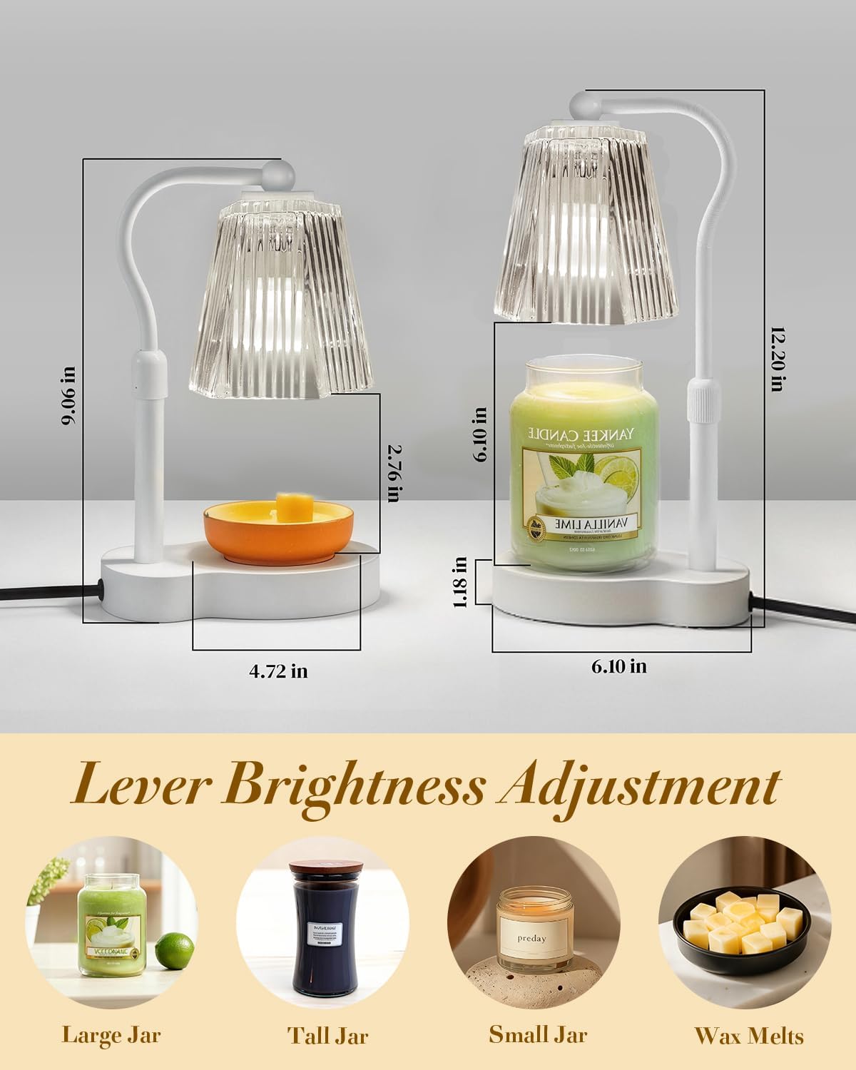 Candle Warmer Lamp with Timer & Dimmable Settings, Adjustable Height Flameless Scented Wax Melter for Jar Candles, Elegant Home Decor Warmer Lamp with 2 Bulbs, Gift for Women Mom Friend Family, White