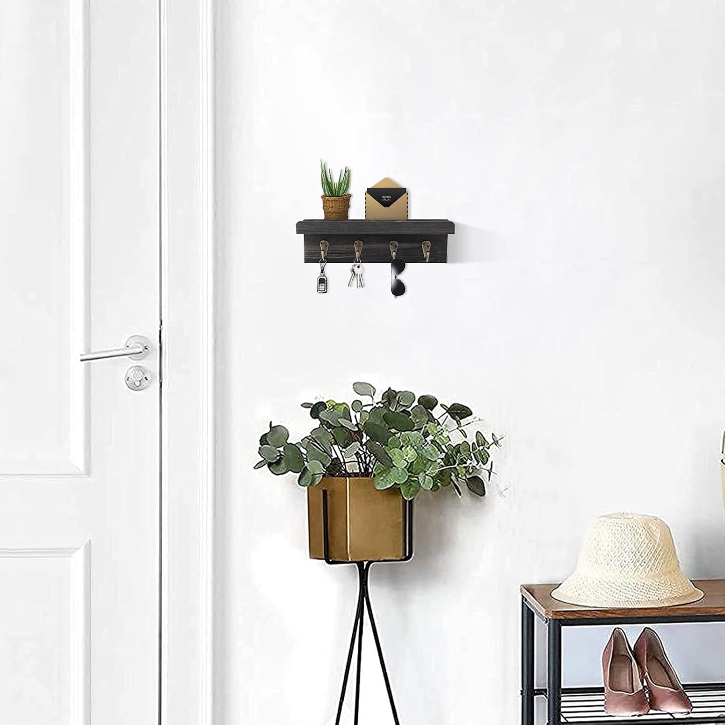 HRONRAD Rustic Key Holder for Wall, Farmhouse Wall Shelf with 4 Hooks, Wall Mounted Key Racks, Wooden Mail Organizer with Hooks for Entryway (Brown - Pine)