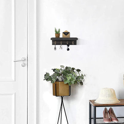 HRONRAD Rustic Key Holder for Wall, Farmhouse Wall Shelf with 4 Hooks, Wall Mounted Key Racks, Wooden Mail Organizer with Hooks for Entryway (Brown - Pine)