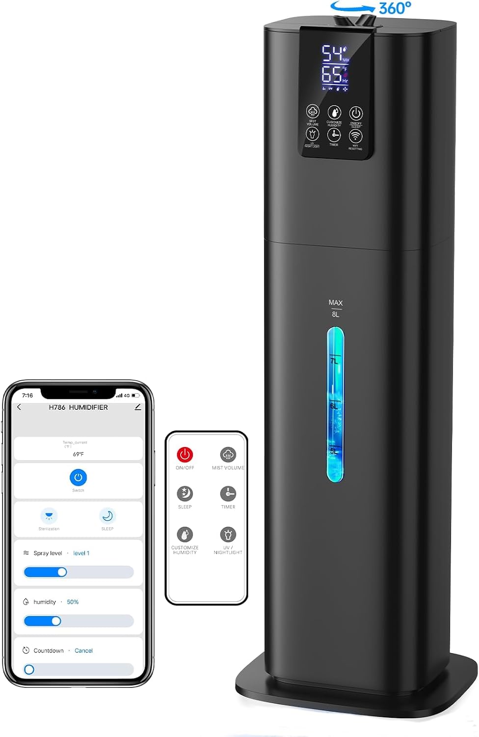 8L Smart Humidifiers for Bedroom Large Room, 2.1Gal Cool Mist Top Fill Diffuser Ambient Light, App & Remote Control, 3 Mist Modes, Quiet Humidifier for Home Office Plant