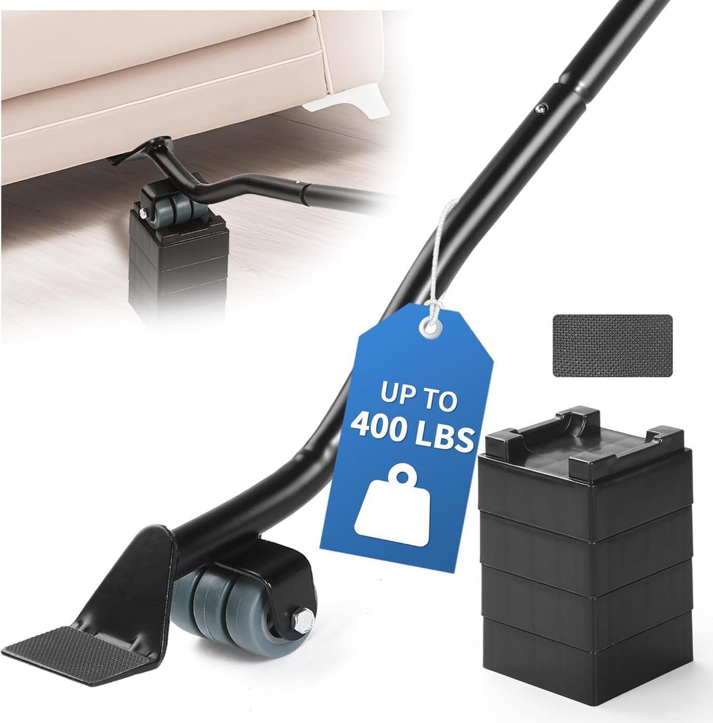 Furniture Lifter Tool Set – Save 80% Effort – Lifts up to 400 lbs – Heavy-Duty Steel Lever with 4 Plastic Base Pads, Ideal for Moving Sofas, Appliances, Furniture Jack Lifter Tool (25 in)