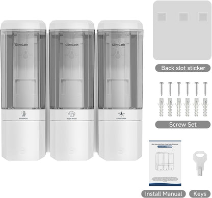 Shampoo and Conditioner Dispenser,GlintGath Shower Dispenser 3 Chamber No Drill Shampoo Dispenser for Shower Wall Mounted Shower Soap Dispenser for Bathroom Hotel,Large Capacity 3 * 500ML,White1