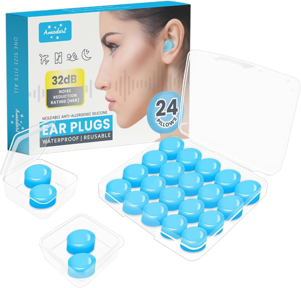 Ear Plugs for Sleeping & Snoring - 12 Pairs Moldable Silicone Gel Earplugs for Noise Cancelling, Swimming, Airplane, 32 dB NRR Reusable Waterproof Ear Plugs for Men Women (Blue)