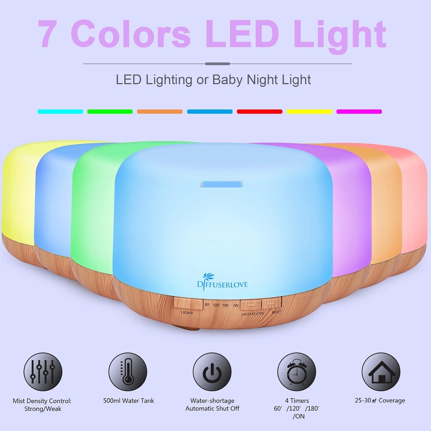 Diffuserlove Essential Oil Diffuser 500ML Aromatherapy Diffuser Mist Humidifiers 7 Color LED Lights Diffusers for Home Office Bedroom (Size:6.7" L x 6.7" W x 4.7" H)
