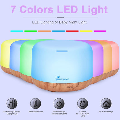 Diffuserlove Essential Oil Diffuser 500ML Aromatherapy Diffuser Mist Humidifiers 7 Color LED Lights Diffusers for Home Office Bedroom (Size:6.7" L x 6.7" W x 4.7" H)
