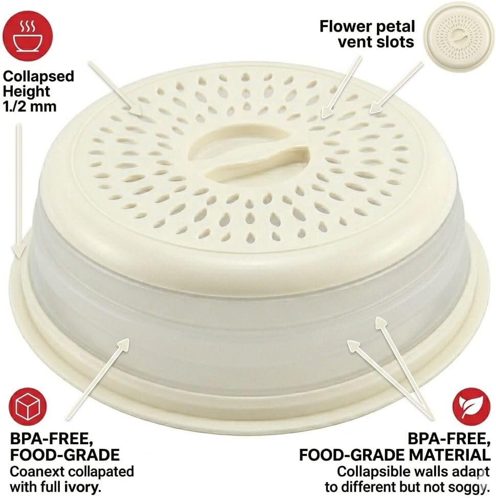 Microwave Splatter Cover for Food – Collapsible, Heat Resistant Vented Lid with Easy-Grip Handle, PP+TPR Plastic, Dishwasher Safe Kitchen Gadget, Green