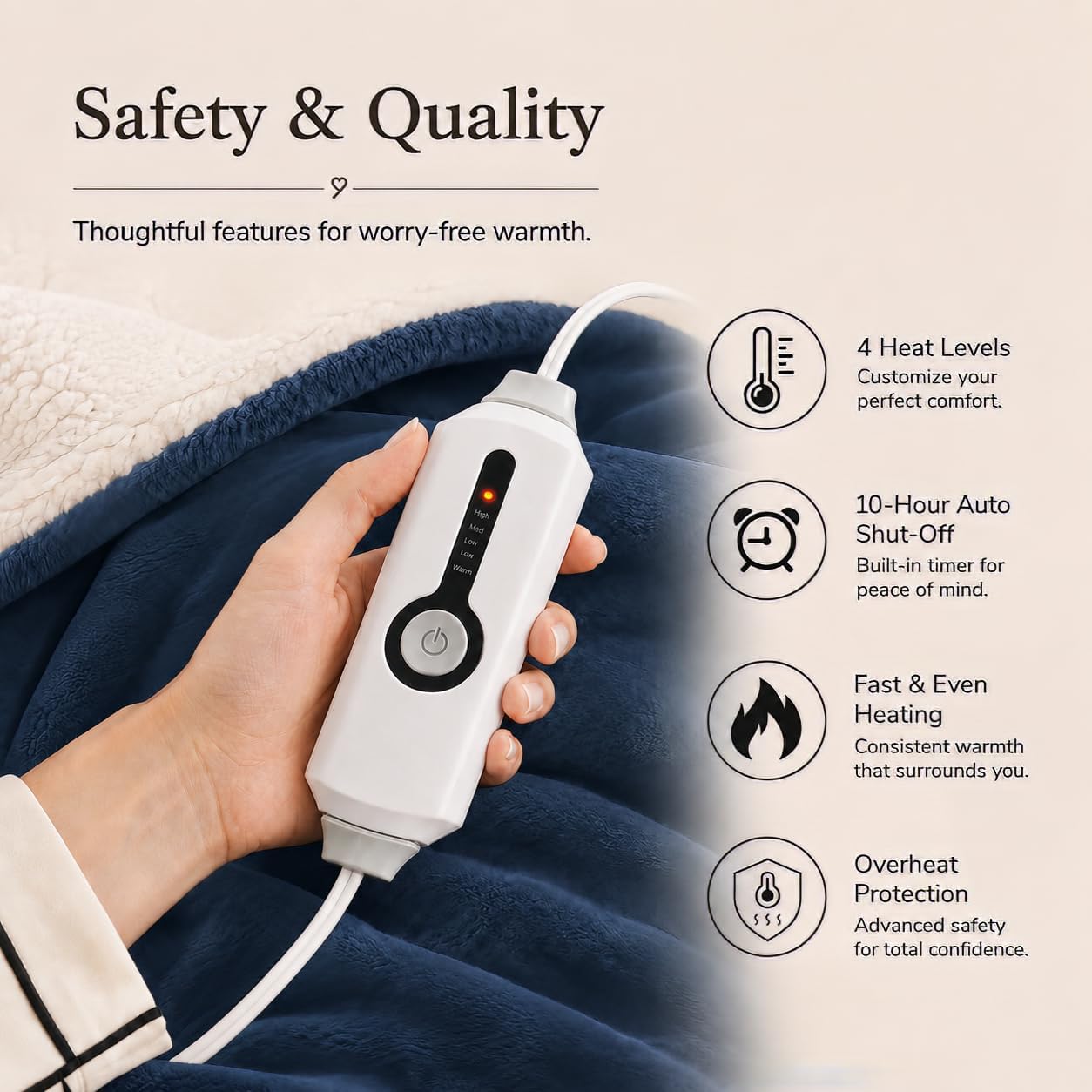 Electric Heated Blanket Full Size 72"x84" – Light Gray | ETL for Safe Overnight, 4 Heat Settings & 10H Auto Off, Dual-Sided Microplush Sherpa for Home Night, Machine washable