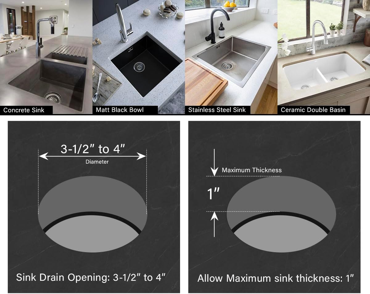 Highcraft 9733 Kitchen Sink (3-1/2'' Inch) Stainless Steel Drain Assembly With Strainer Basket-and Rubber Stopper, 3.5
