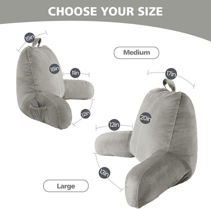 Reading Pillow with Adjustable Memory Foam,Adult Backrest with Arms, Back Pillow for Sitting in Bed with Washable Cover- Large, Gray