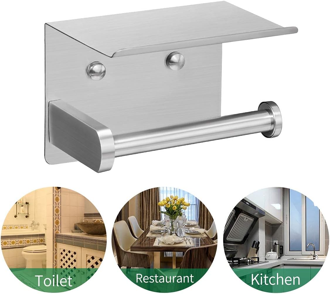 VAEHOLD Self Adhesive Toilet Paper Holder with Phone Shelf Stainless Steel Wall Mounted Toilet Paper Roll Holder - Rustproof and Bathroom Washroom Tissue Roll Holder with Shelf - Black