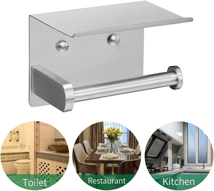 VAEHOLD Self Adhesive Toilet Paper Holder with Phone Shelf Stainless Steel Wall Mounted Toilet Paper Roll Holder - Rustproof and Bathroom Washroom Tissue Roll Holder with Shelf - Black