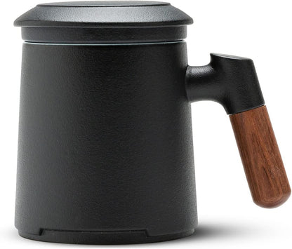 ZENS Tea Mug with Infuser and Lid for Loose Leaf Tea Steeper, 16.9oz Moss | Embossed Ceramic Tea Cup with Infuser for Herbal Tea Difussers, Tea Lovers Gifts, Nature Wood Handle