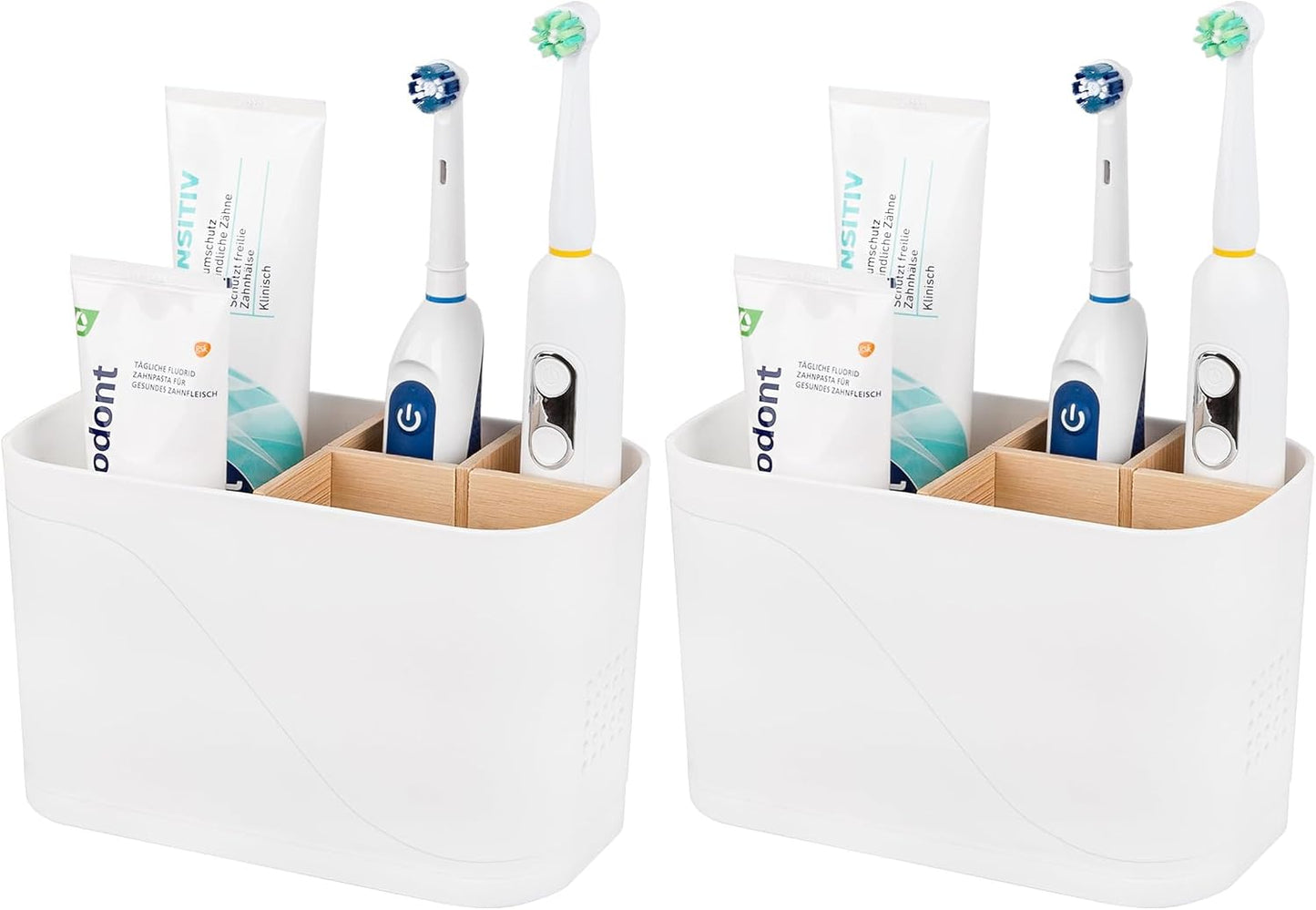 Electric Toothbrush Holder Tooth Brush and Toothpaste Organizer, Black | 3 Slots, Drainage Holes, Removable Bamboo Divider, Ventilation Design, Space-Saving, for Bathroom Countertop, Shower, Vanity