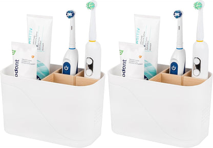 Electric Toothbrush Holder Tooth Brush and Toothpaste Organizer, Black | 3 Slots, Drainage Holes, Removable Bamboo Divider, Ventilation Design, Space-Saving, for Bathroom Countertop, Shower, Vanity