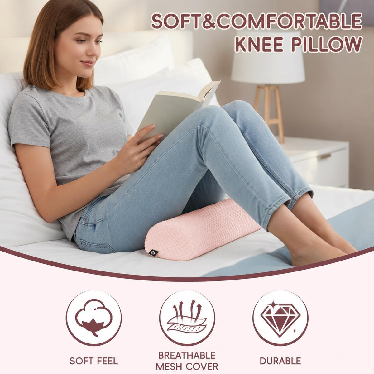 SPRING SEAON Half Moon Bolster Knee Pillow for Back Sleeping Memory Foam Leg Pillow for Ankle and Foot Comfort Under Knee Pillow for Side Sleepers Machine Washable Cover(17" x 7.5" x 4.3")