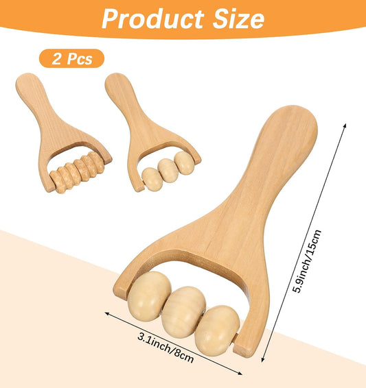 2 Pcs Wooden Massage Roller Handheld Bead Massage Tool for Muscle Relief | Body Care Manual Tool for Neck Back Leg Foot, Handheld 3 Bead Gear Roller for Home Gym Travel
