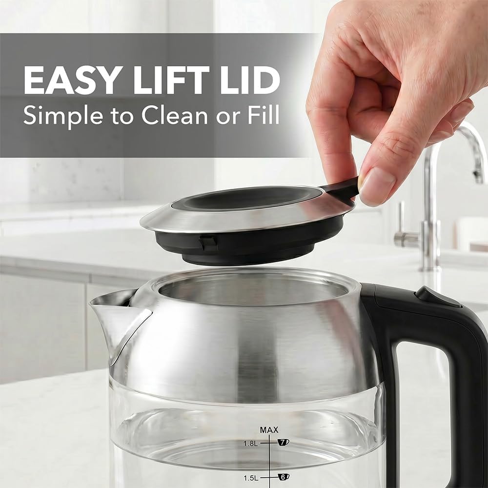 OVENTE 1.8L Glass Electric Kettle Water Boiler, Silver KG751S | 1500W Fast Boiling, Easy Fill Lid, Borosilicate Glass, BPA-Free, Blue LED, Auto Shut-Off, Boil-Dry Protection, Cordless