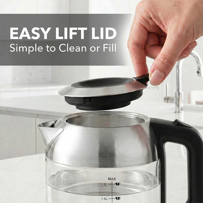 OVENTE 1.8L Glass Electric Kettle Water Boiler, Silver KG751S | 1500W Fast Boiling, Easy Fill Lid, Borosilicate Glass, BPA-Free, Blue LED, Auto Shut-Off, Boil-Dry Protection, Cordless