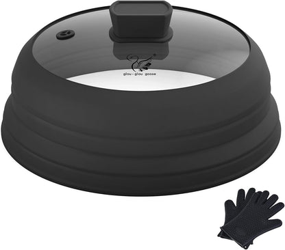 Microwave Splatter Cover Glass Splatter Guard Lid with Collapsible Silicone for Food Pot Cover Plate Cover 10.8 inch Black